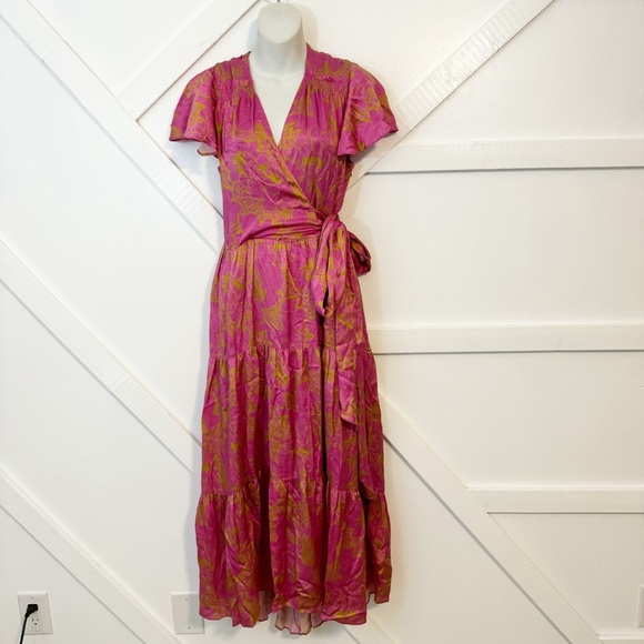 Tanya Taylor Liza Floral Print Flutter Sleeve Tie Wrap Waist Midi Dress Pink 6 - Picture 2 of 10